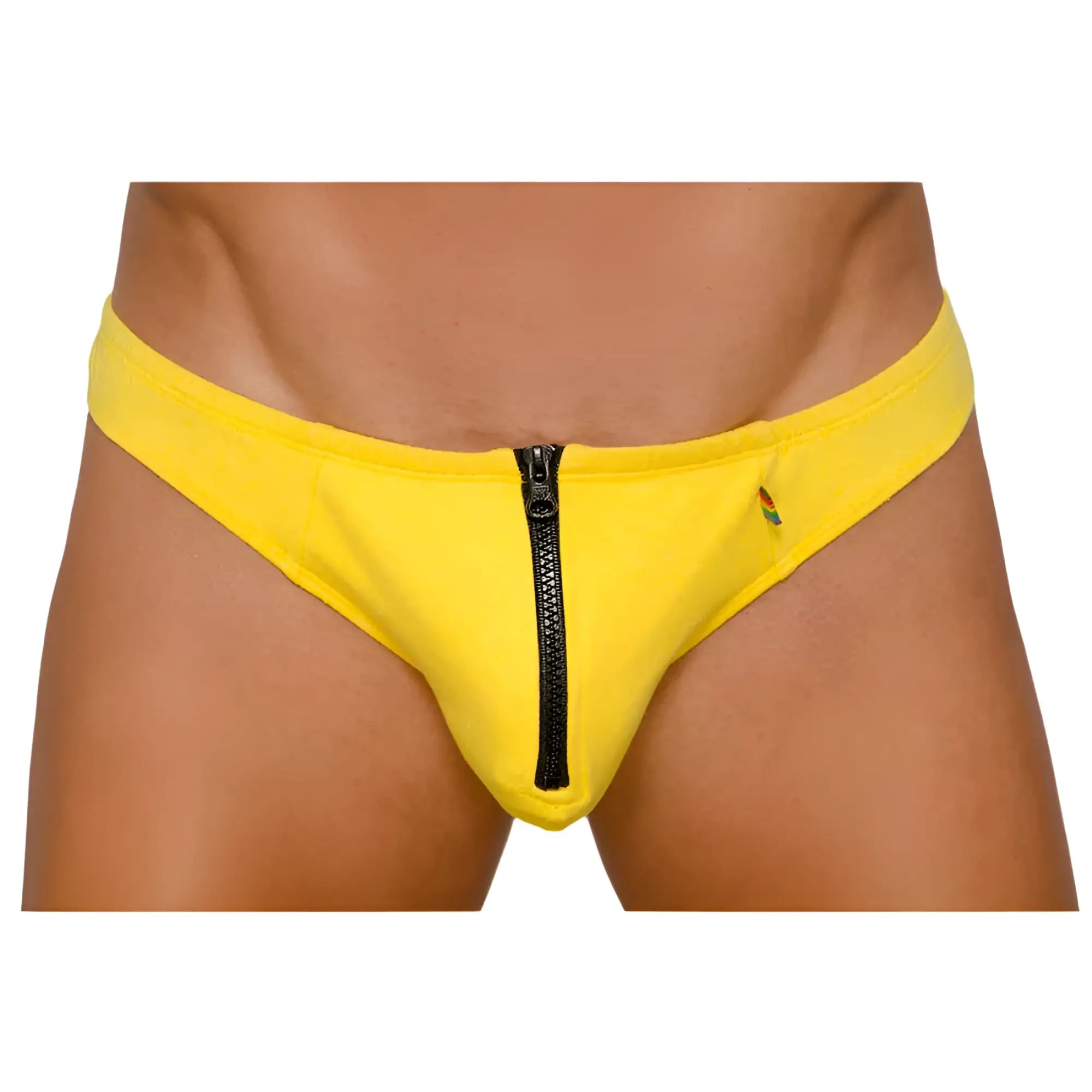 Bright yellow pride zip it thong men’s swim trunks with a black center zipper for stylish swimwear use