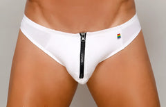 White briefs pride zip it thong with black center zipper and rainbow flag patch on waistband