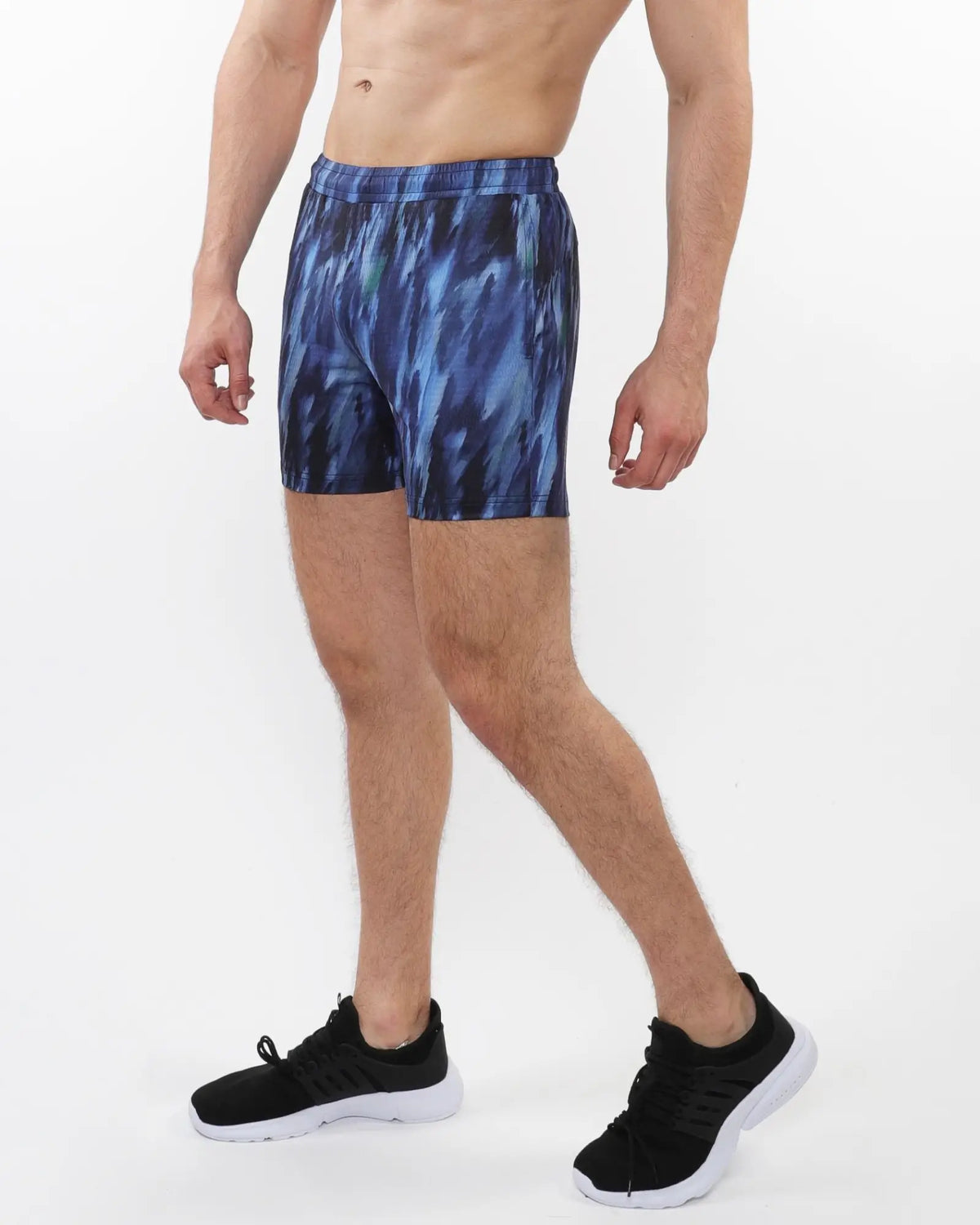 Printed mesh stretch performance shorts in blue and black abstract pattern designed for athletic use