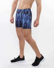 Printed mesh stretch performance shorts in blue and black abstract pattern designed for athletic use