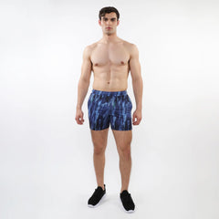 Printed mesh stretch performance shorts in blue tie-dye with a modern abstract athletic pattern