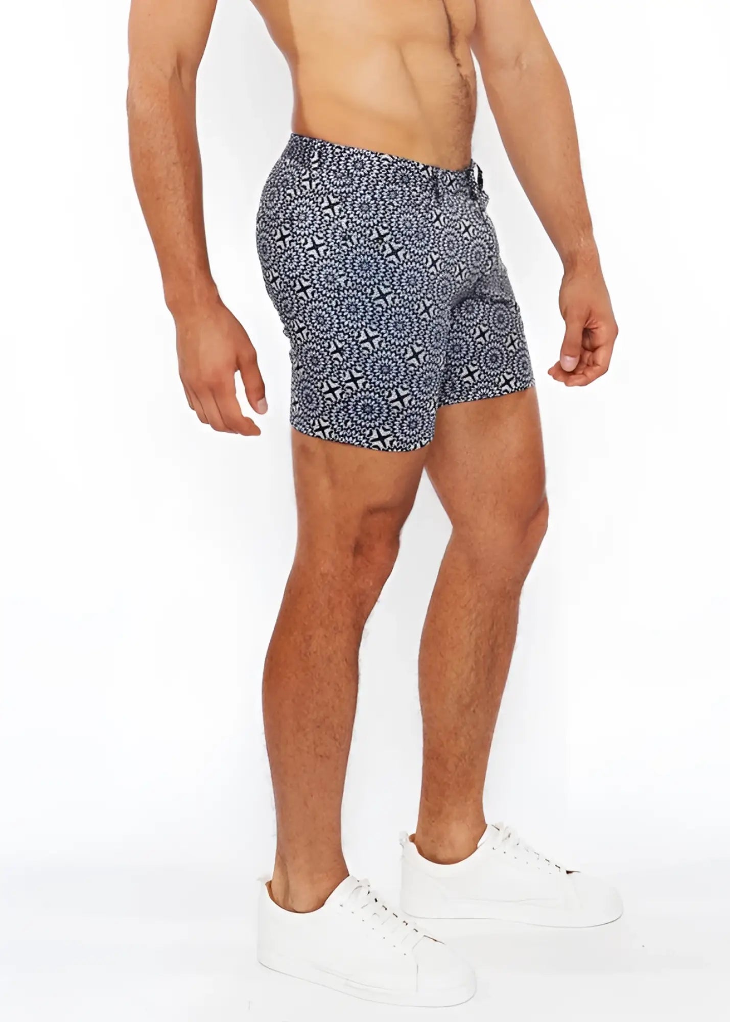 Printed stretch knit short blue and white patterned swim trunks with geometric design for swimming and beachwear