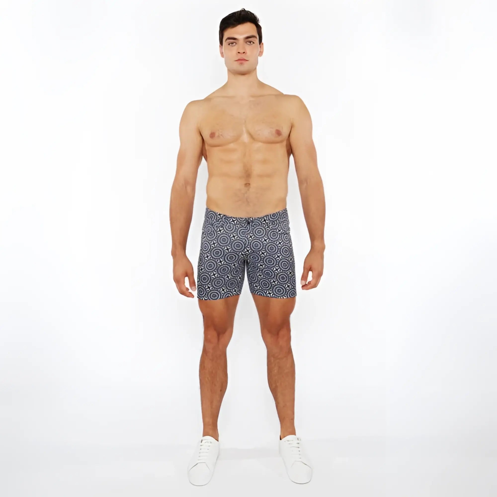Printed stretch knit short men’s navy blue boxer shorts with white circular geometric pattern and comfortable fit