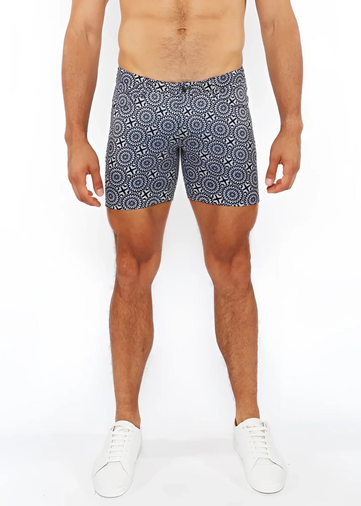 Men’s printed stretch knit shorts in navy blue with a white geometric pattern for casual wear