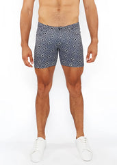 Men’s printed stretch knit shorts in navy blue with a white geometric pattern for casual wear