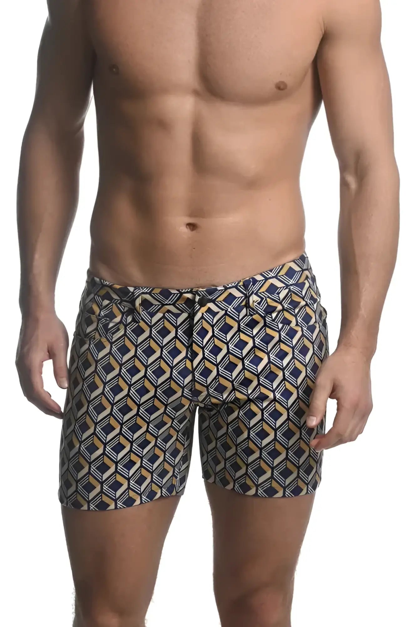 Printed stretch knit short swim trunks in navy and gold with a geometric pattern for men