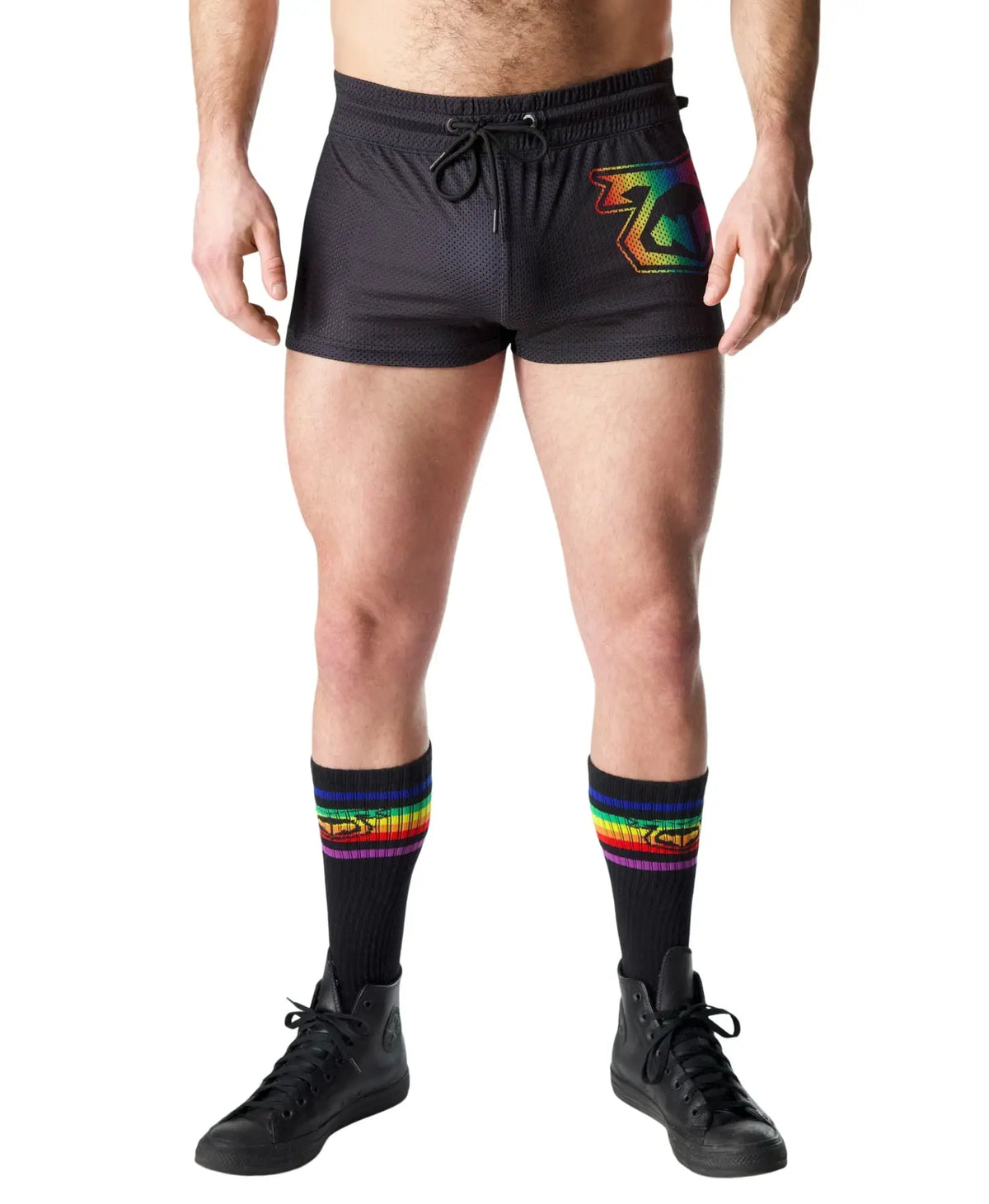 Black mesh prism pride trunk short with rainbow-colored logo on left leg for athletic use