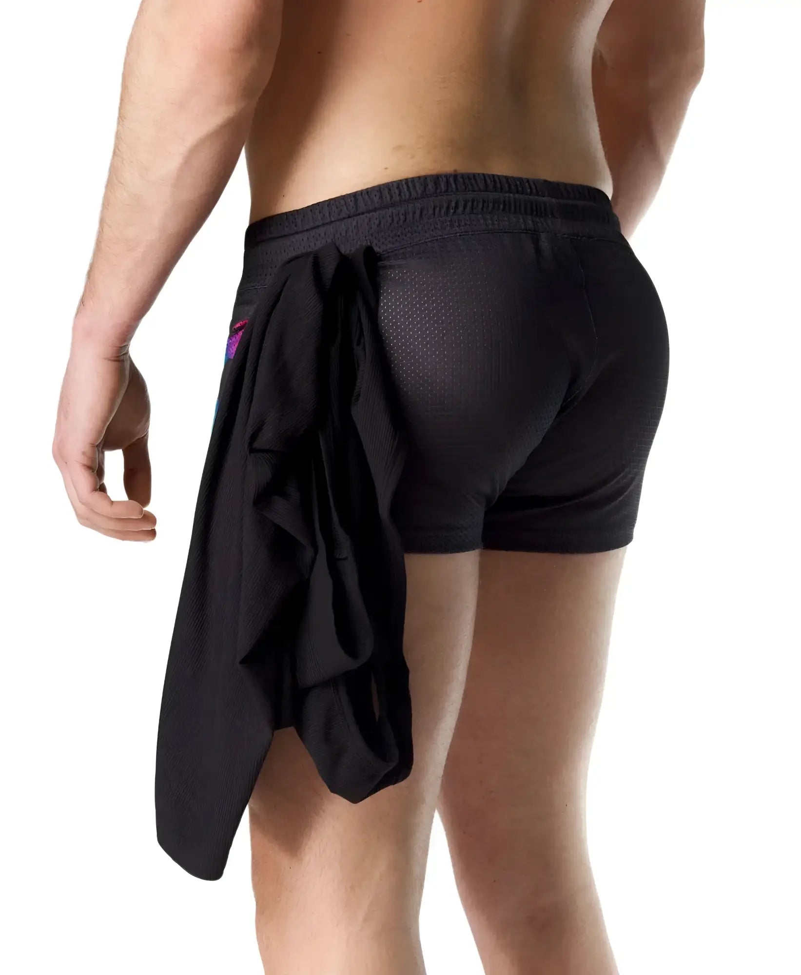 Black prism pride trunk short mesh athletic shorts with drawstring waistband and attached fabric panel tied at back