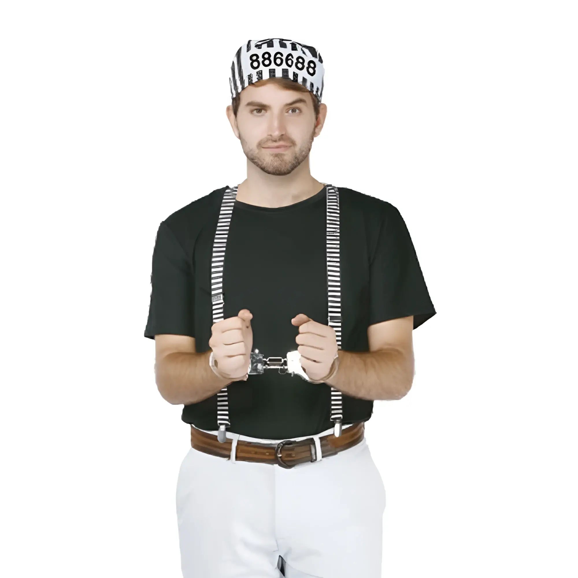 Black and white striped prison style cap with number 886688 for prisoner dress up kit costume accessory