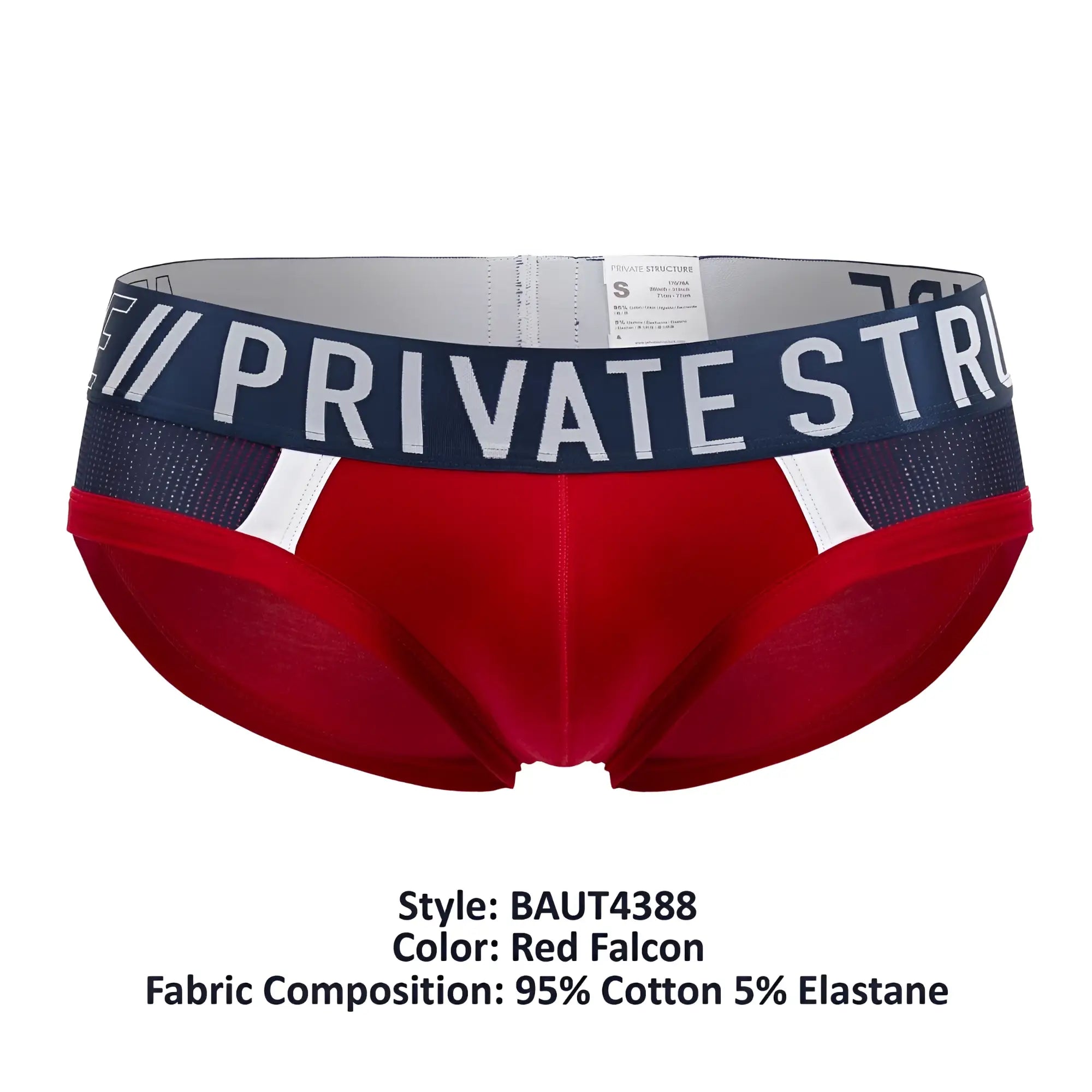 Red men’s briefs with navy blue waistband featuring white private str lettering and mesh panels from private structure