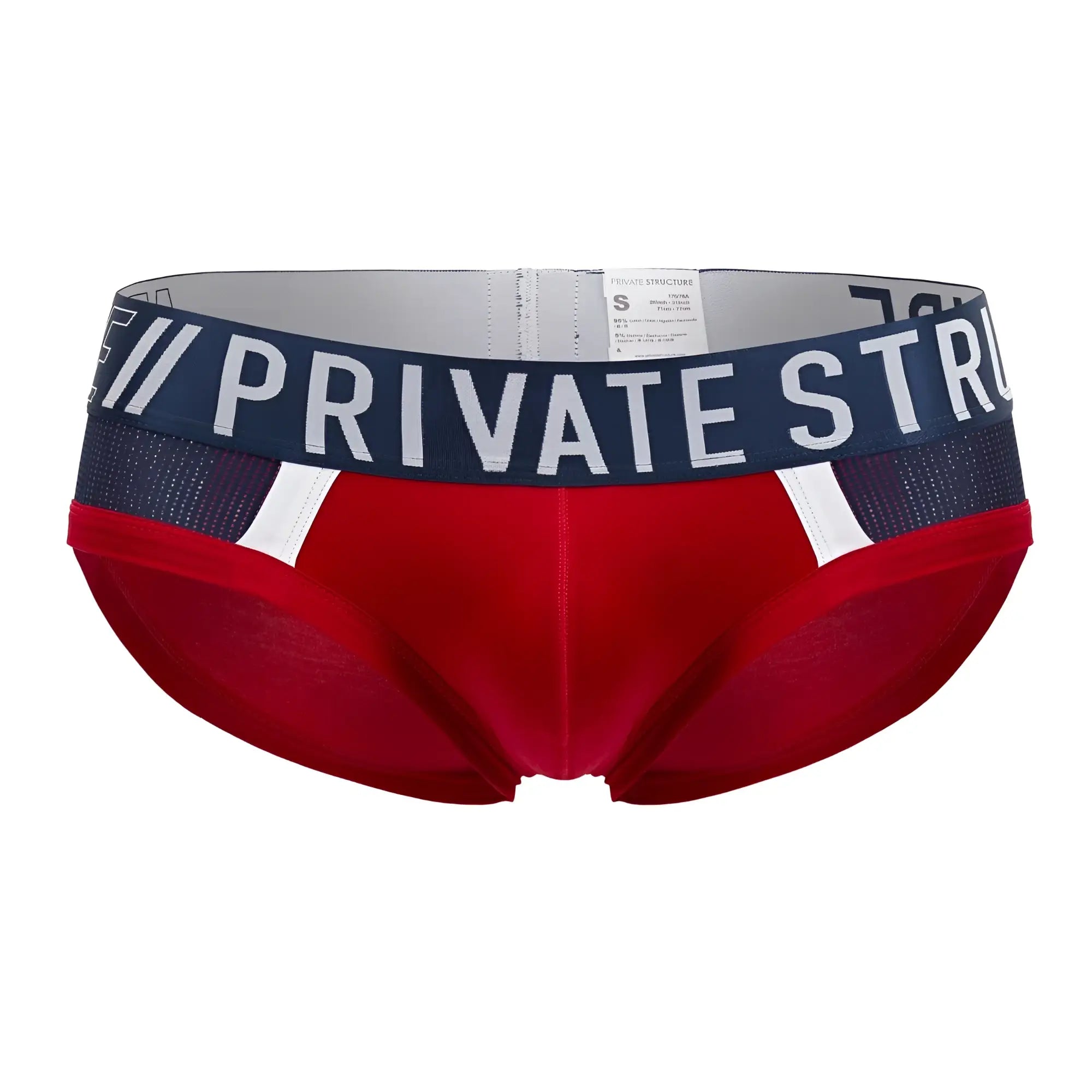 Red mens briefs with navy blue waistband featuring white private str lettering and mesh detailing private structure baut4388 athlete mini briefs