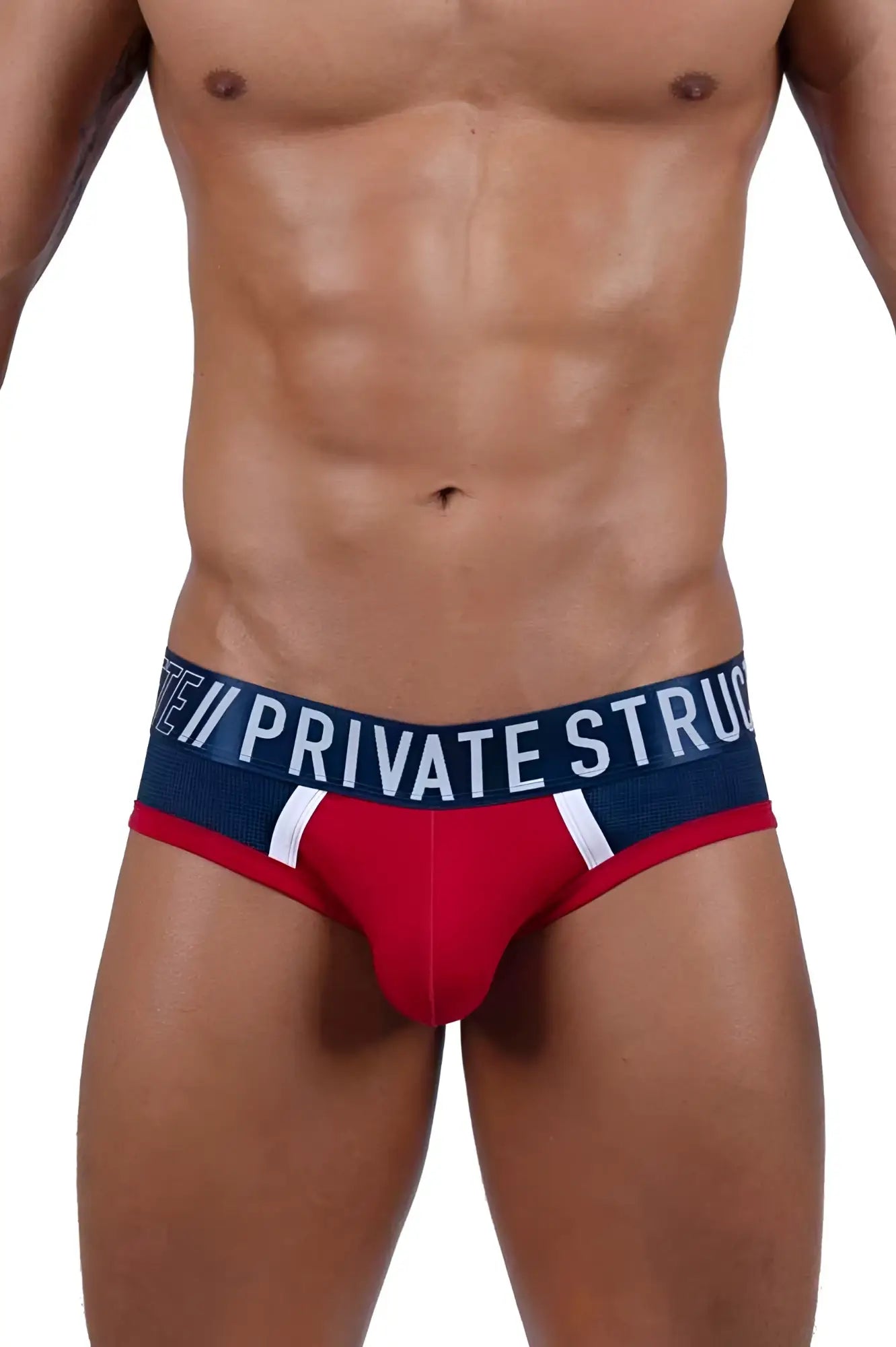 Red falcon athlete mini briefs by private structure in red and navy blue with white stripes and branded waistband