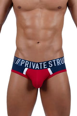 Red falcon athlete mini briefs by private structure in red and navy blue with white stripes and branded waistband