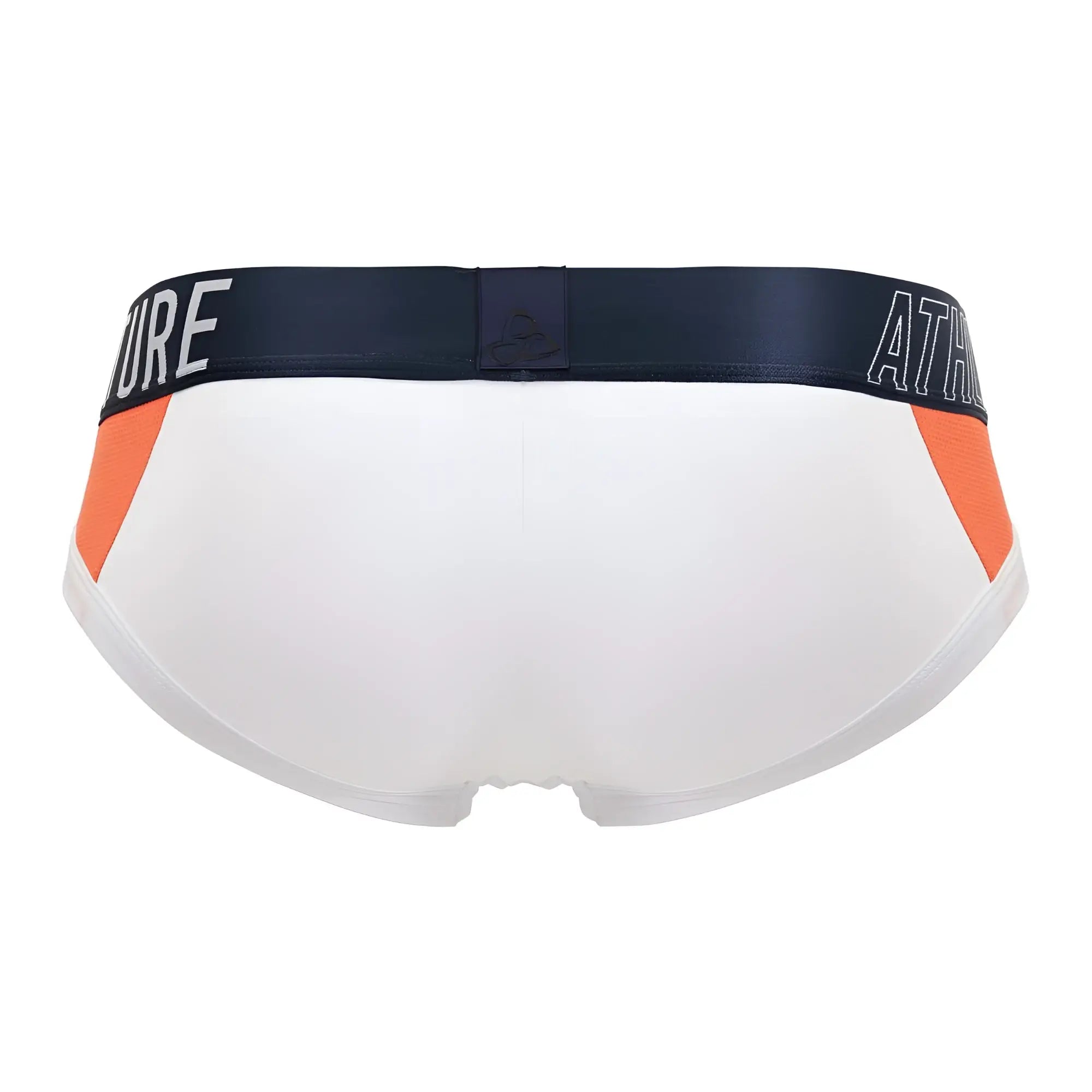 White private structure athlete mini briefs with orange side panels and navy waistband with white lettering