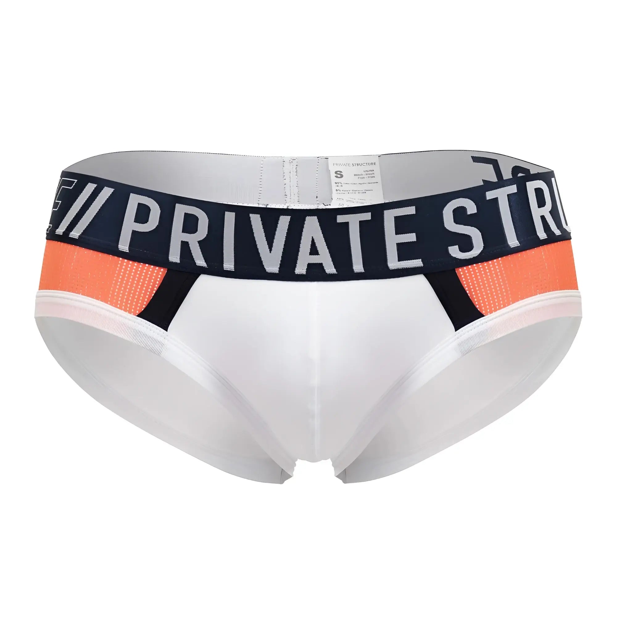 White private structure baut4388 athlete mini briefs with navy waistband and orange mesh accents