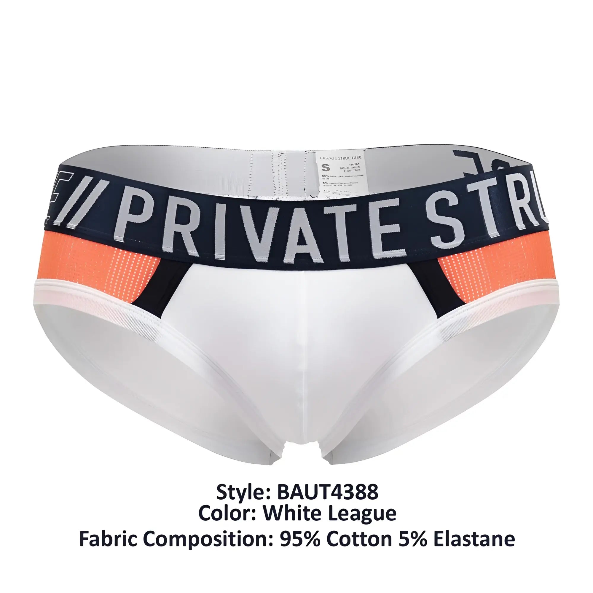 White league private structure baut4388 athlete mini briefs with navy waistband private str lettering and orange mesh accents