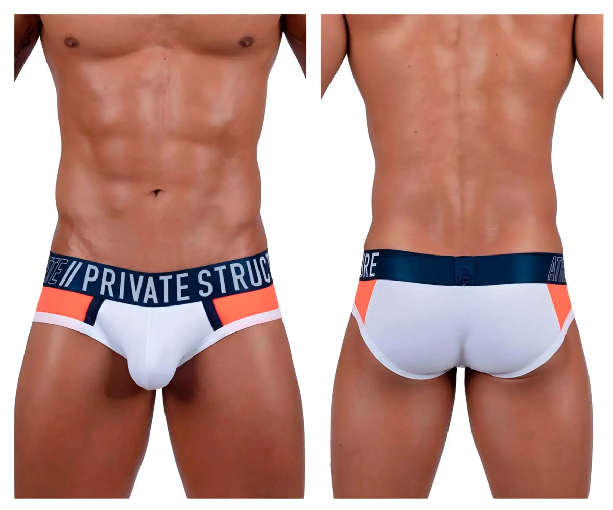 White private structure baut4388 athlete mini briefs with navy blue waistband logo and orange black trim in league design