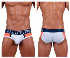 White private structure baut4388 athlete mini briefs with navy blue waistband logo and orange black trim in league design