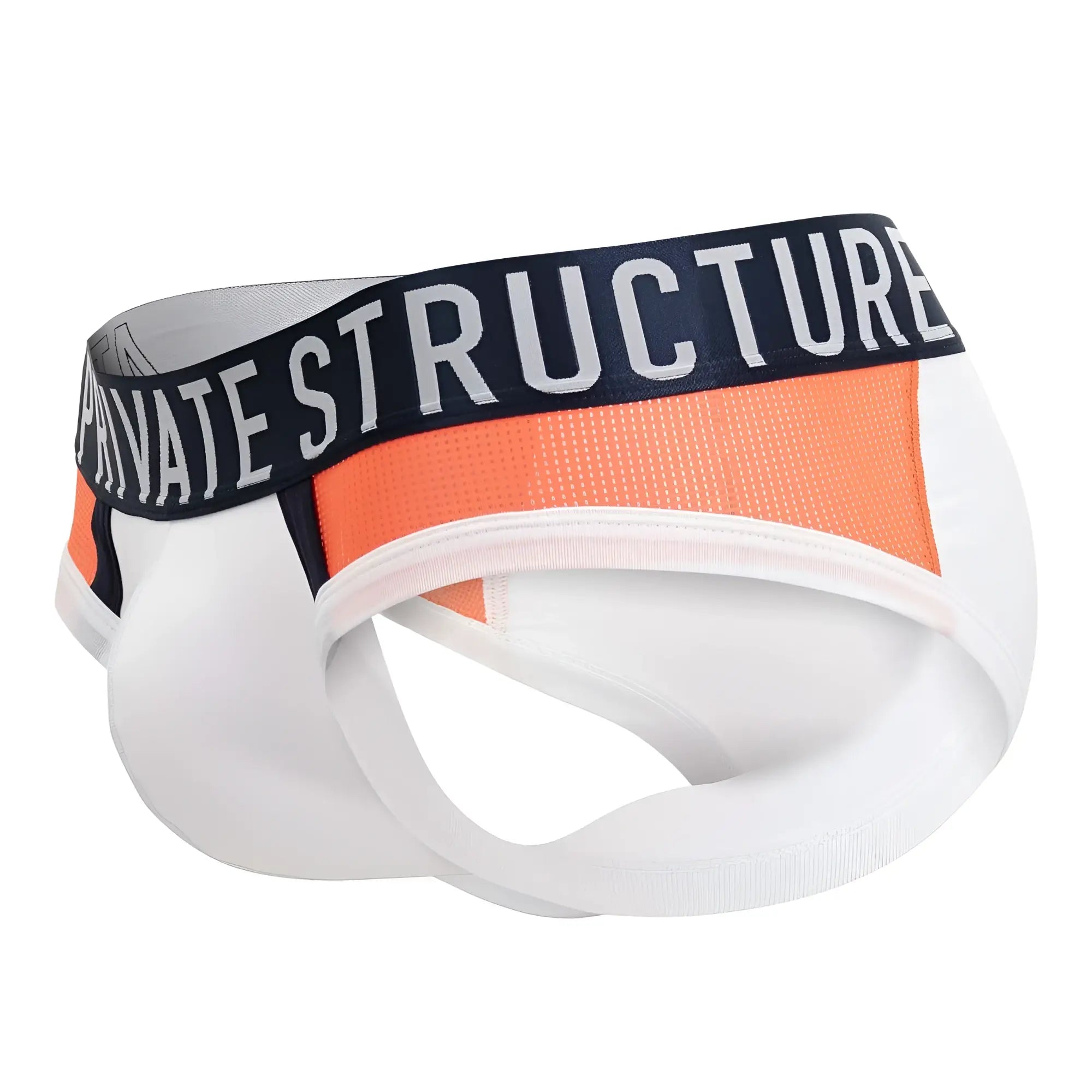 White and orange private structure baut4388 athlete mini briefs with black waistband and logo for athletic use