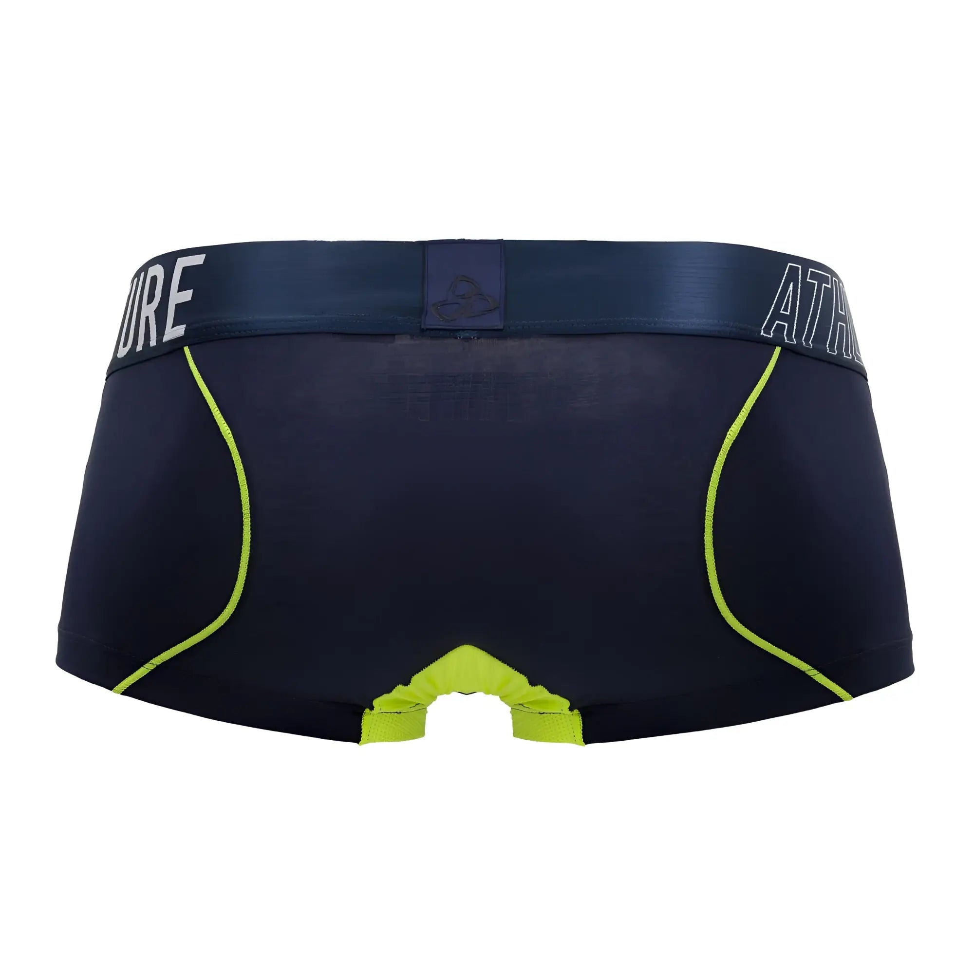 Navy blue Private Structure BAUT4389 athlete trunks with neon green trim and branded waistband for athletic use