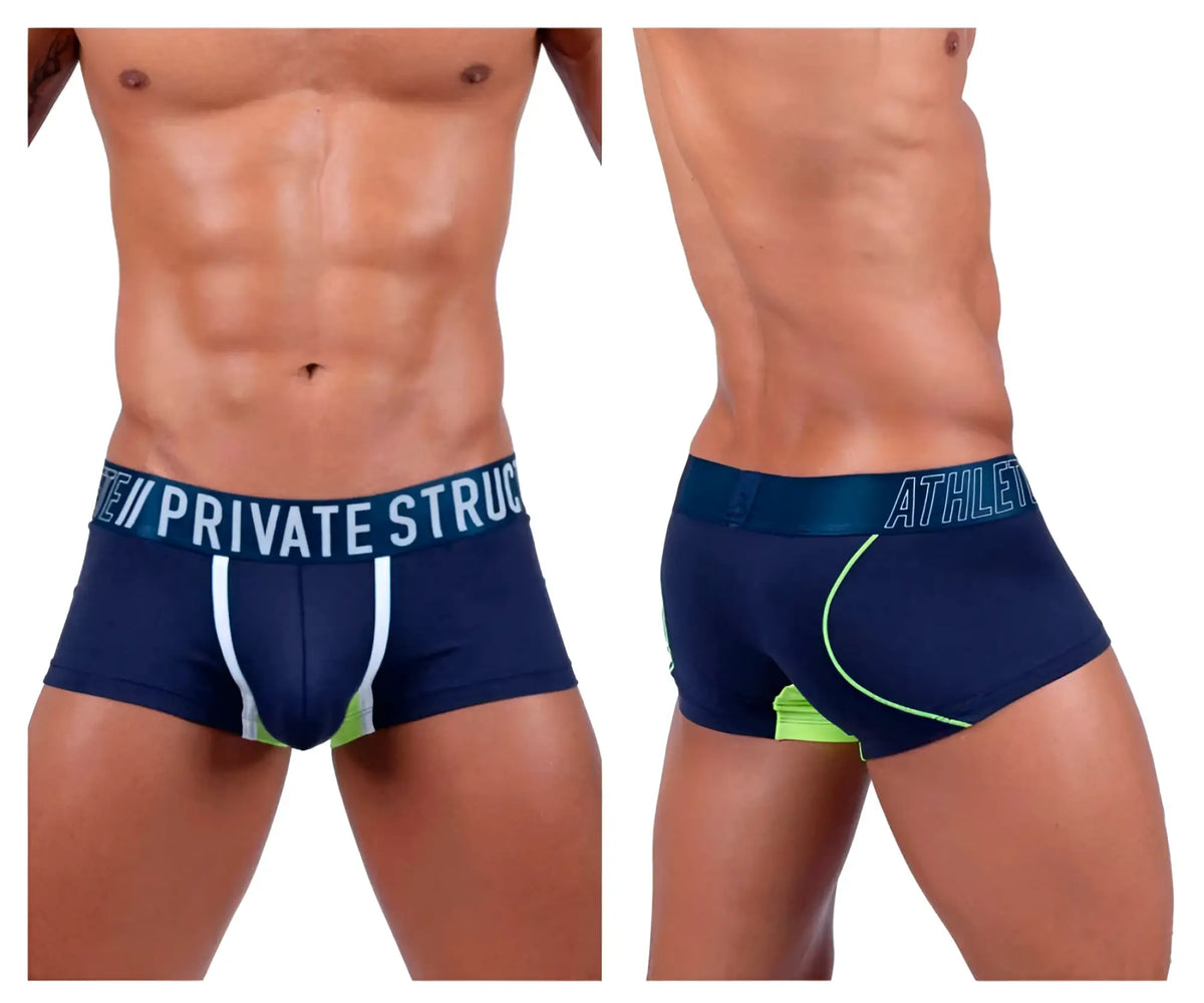 Navy blue Private Structure Baut4389 athlete trunks with white and neon green accents and branded waistband