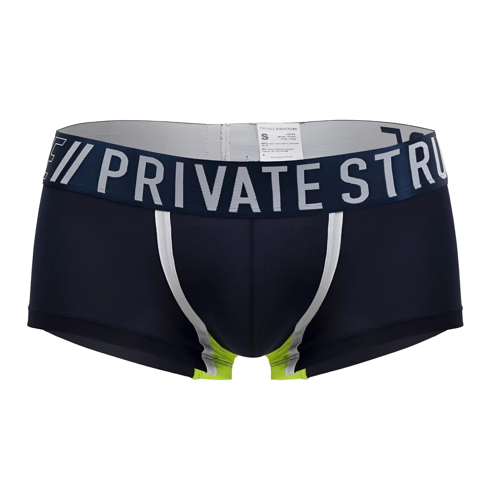 Navy blue private structure baut4389 athlete trunks with white and neon green accents and branded waistband