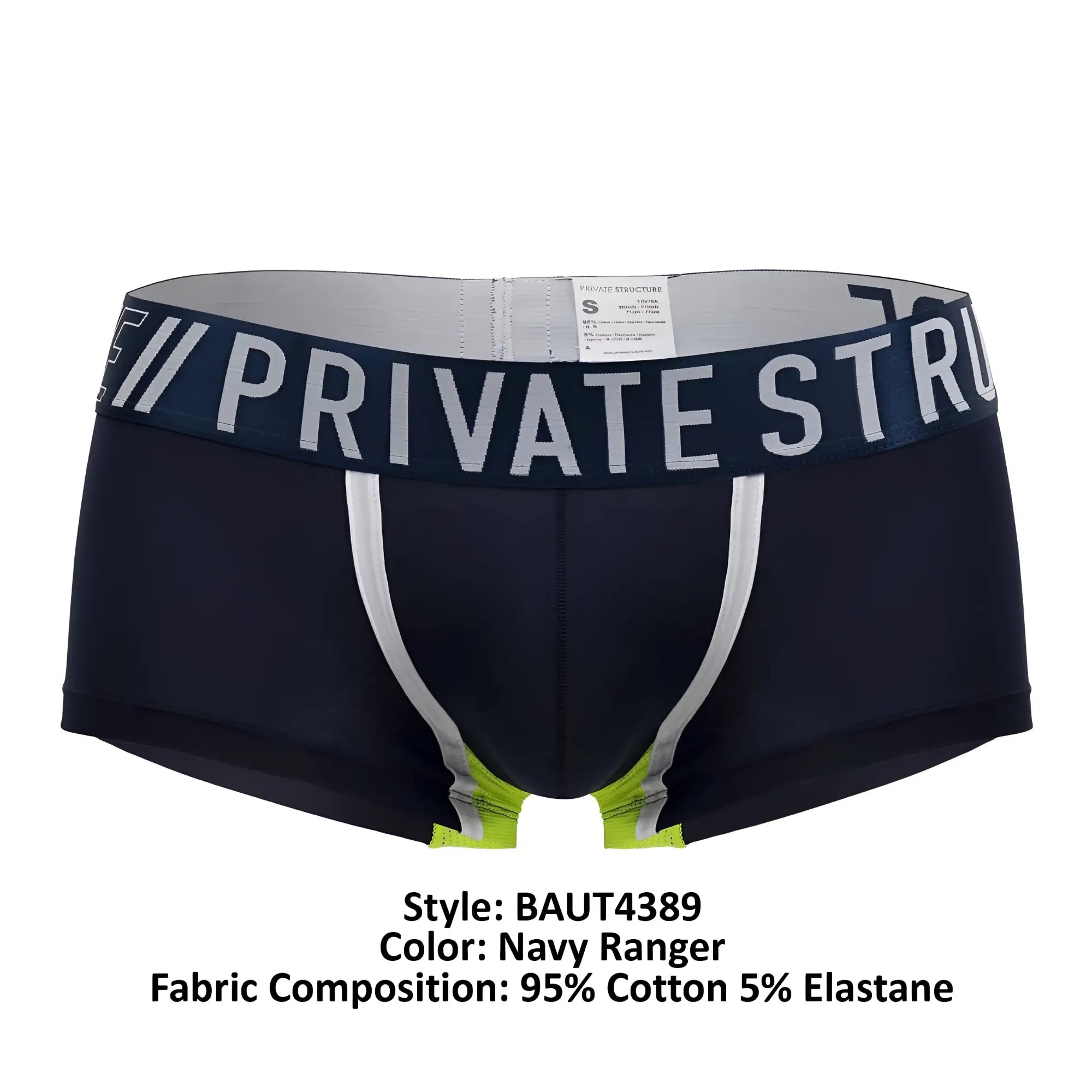 Navy ranger private structure baut4389 athlete trunks boxer briefs with white waistband silver trim and lime green accents