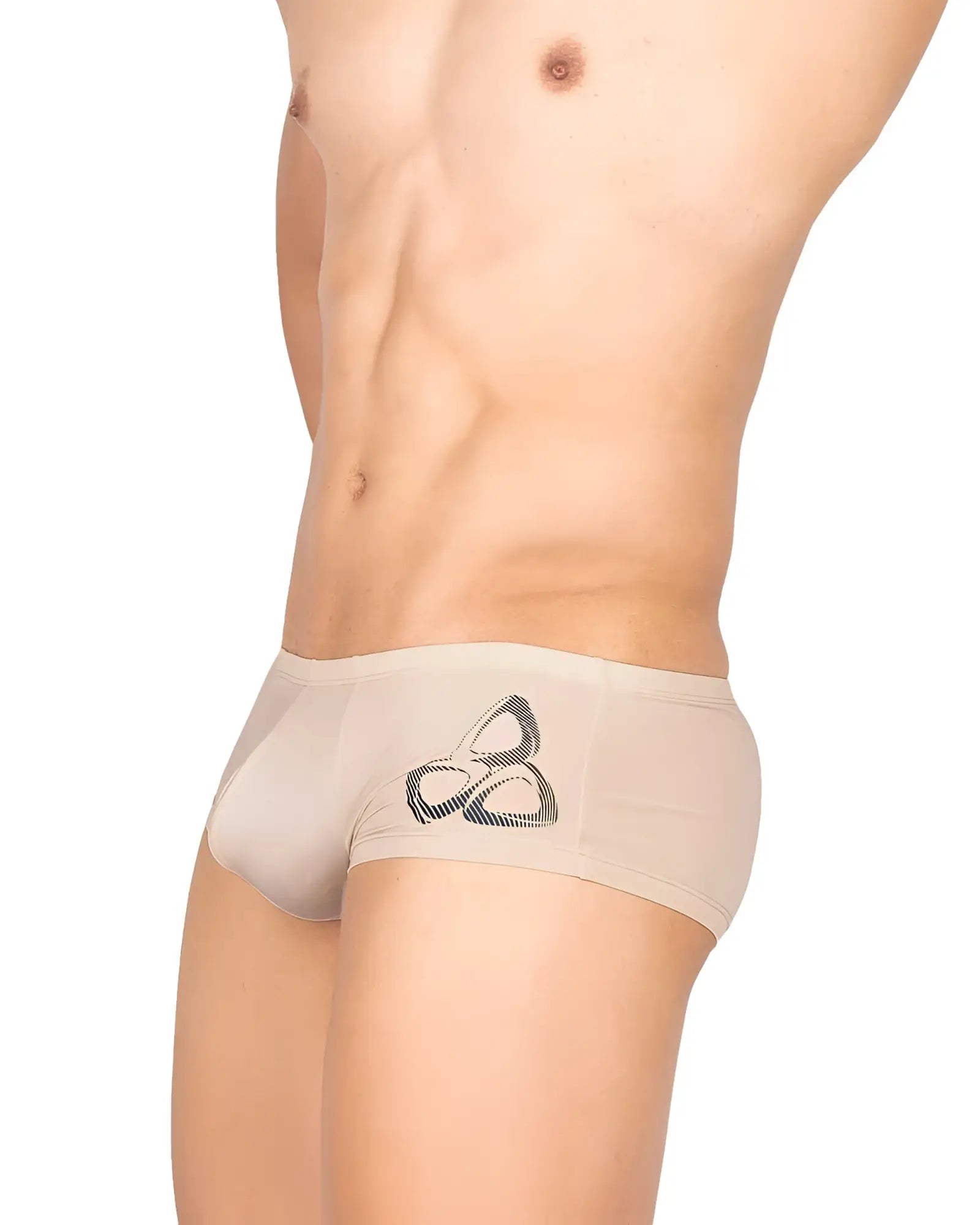 Beige men’s briefs Private Structure BRUT4390 bare hipster with black and gray geometric logo on front in nude color