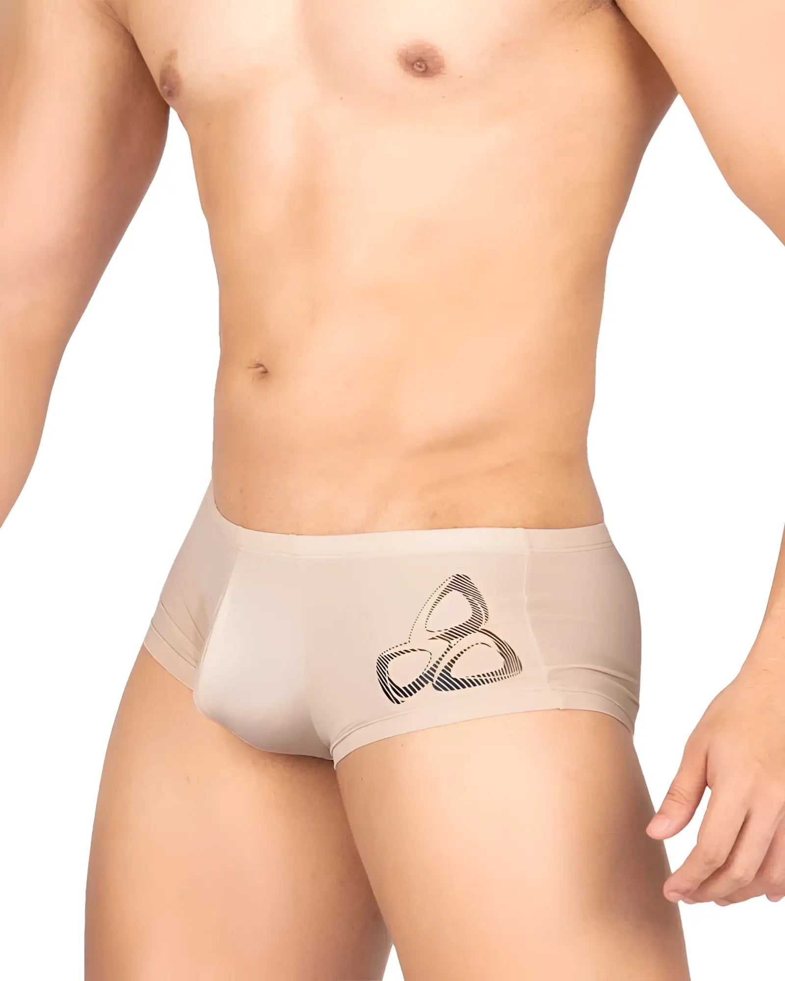 Beige sheer briefs nude color with black geometric knot design front by Private Structure BRUT4390 Bare Hipster