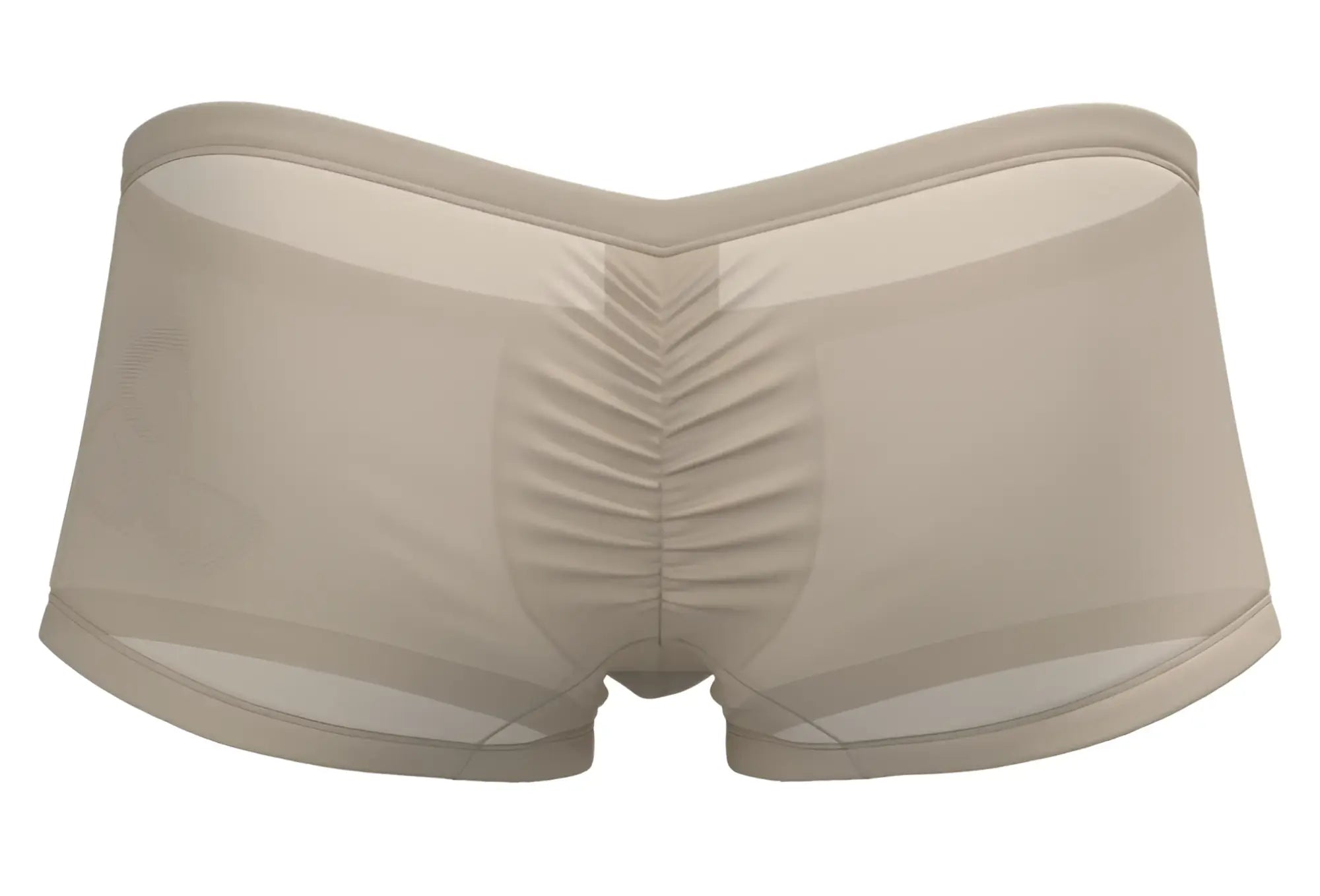 Beige sheer mesh briefs with ruched back panel and elastic waistband from private structure bare hipster nude
