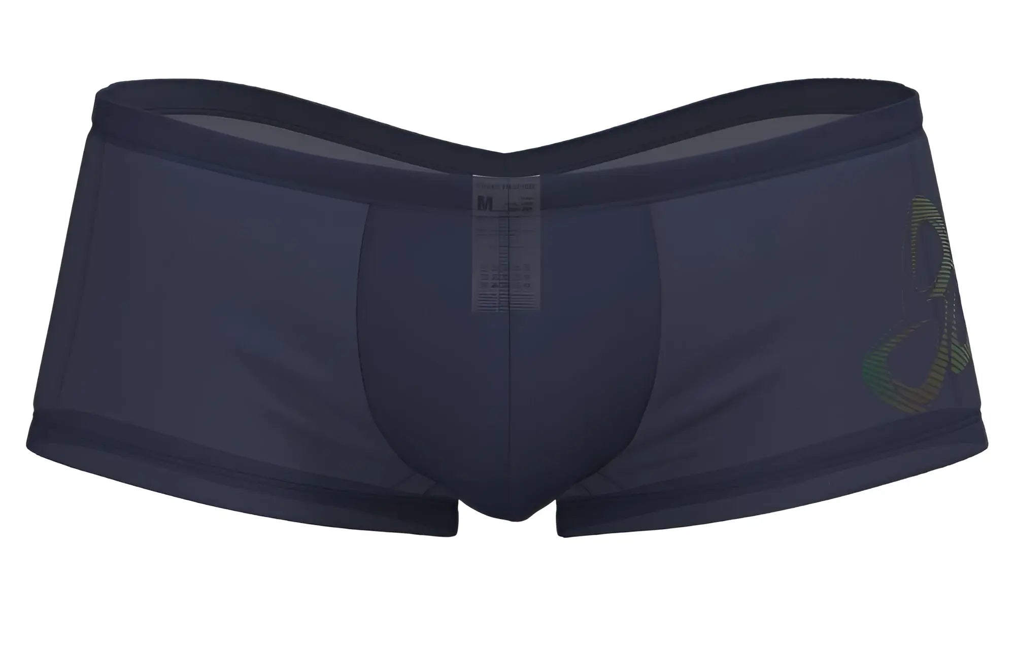 Navy blue men’s briefs with a subtle green and gold abstract logo side design private structure bare hipster silk