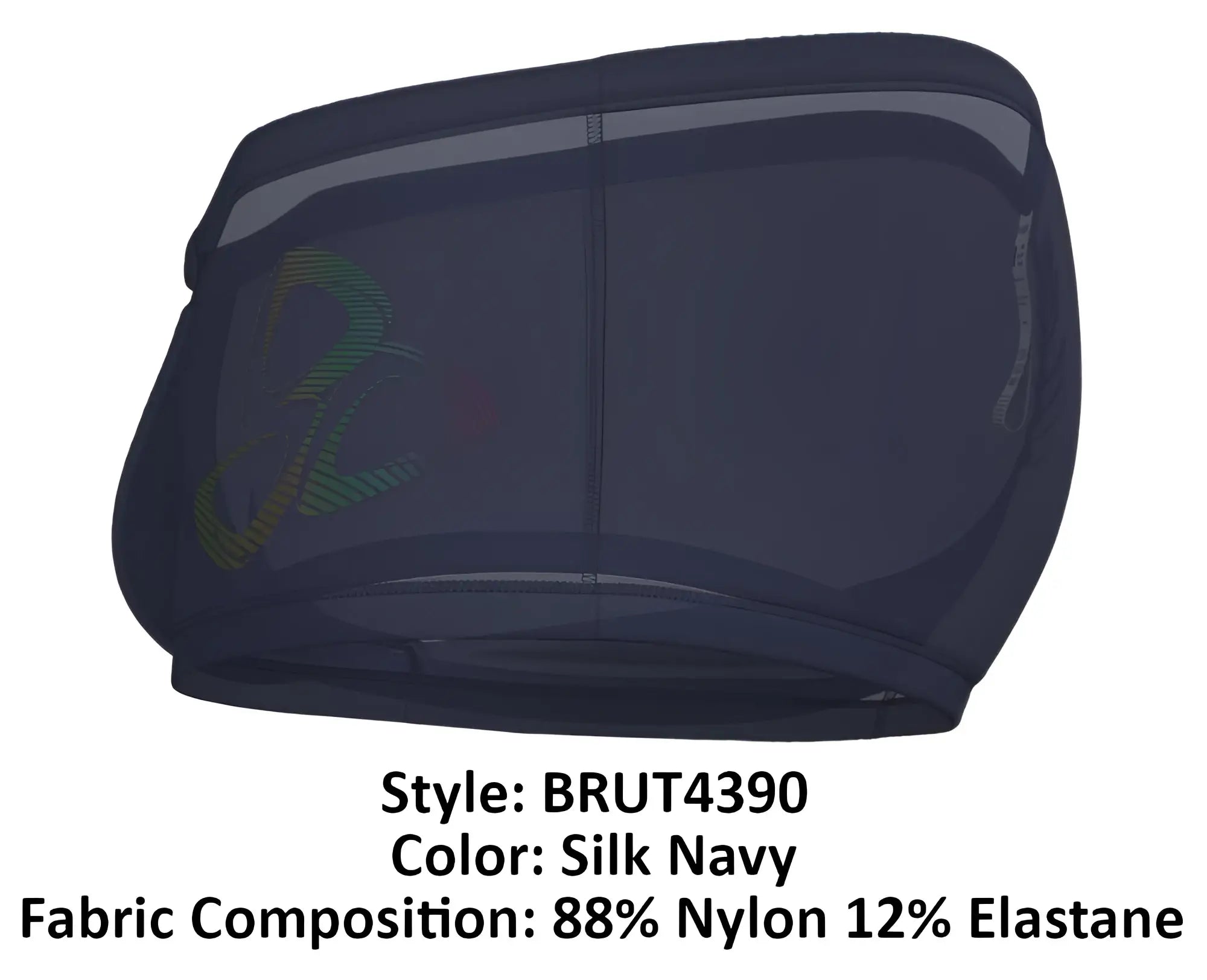 Private Structure Brut4390 bare hipster briefs in navy blue mesh with green yellow logo made of 88 nylon 12 elastane