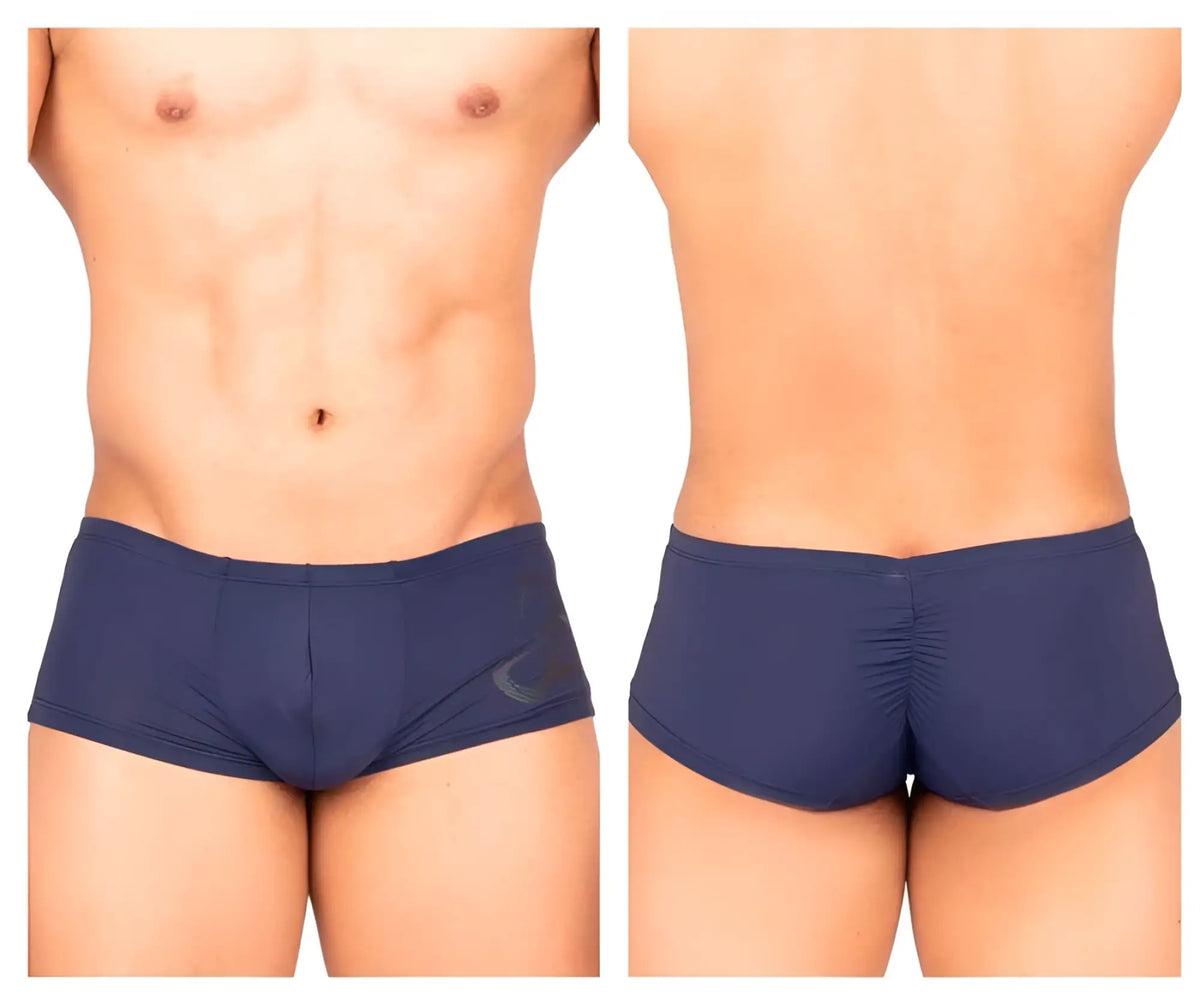 Navy blue silk stretch briefs with subtle logo on left hip and ruched back detailing by private structure