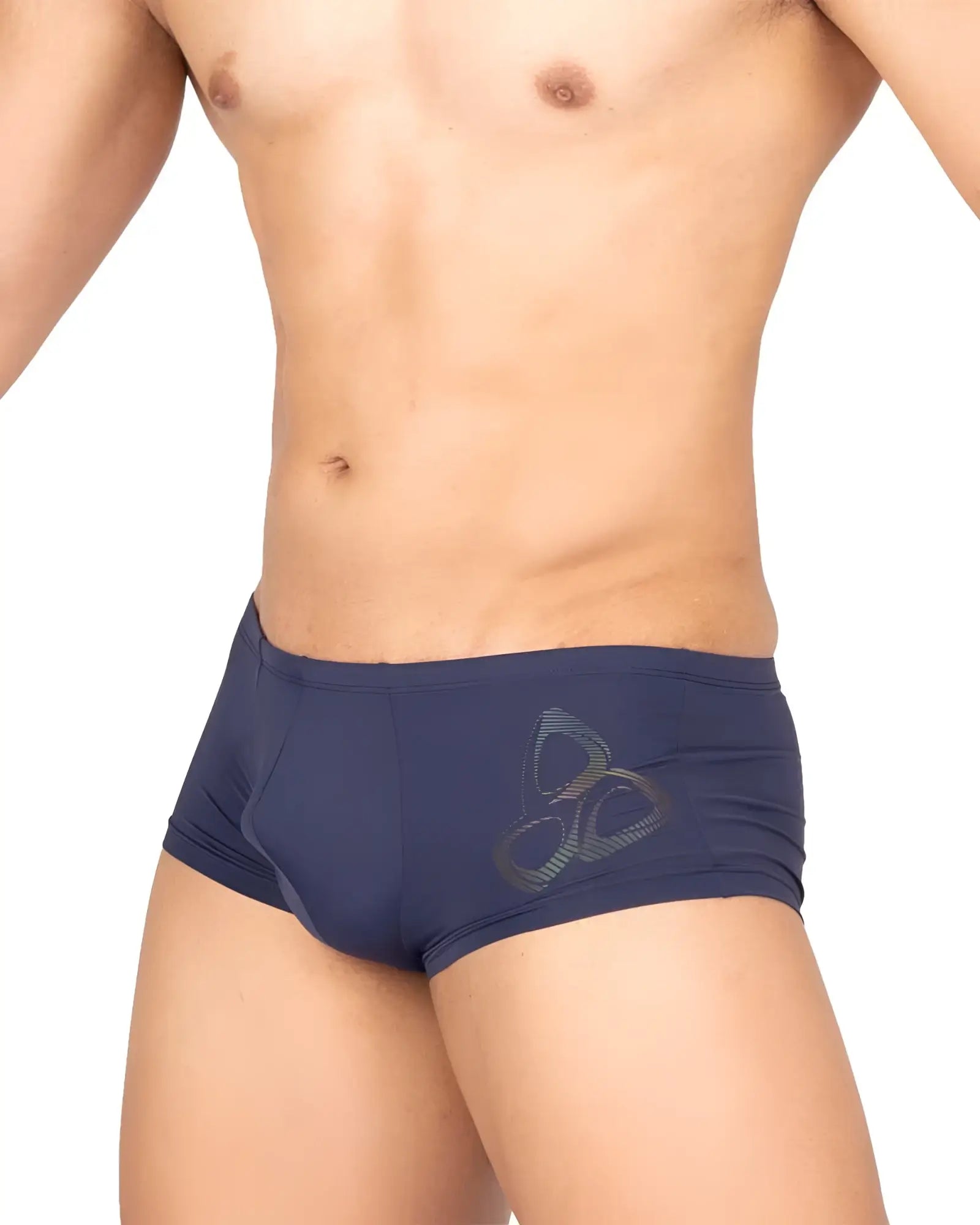 Navy blue silk briefs with a subtle gray abstract logo on the side from private structure bare hipster collection