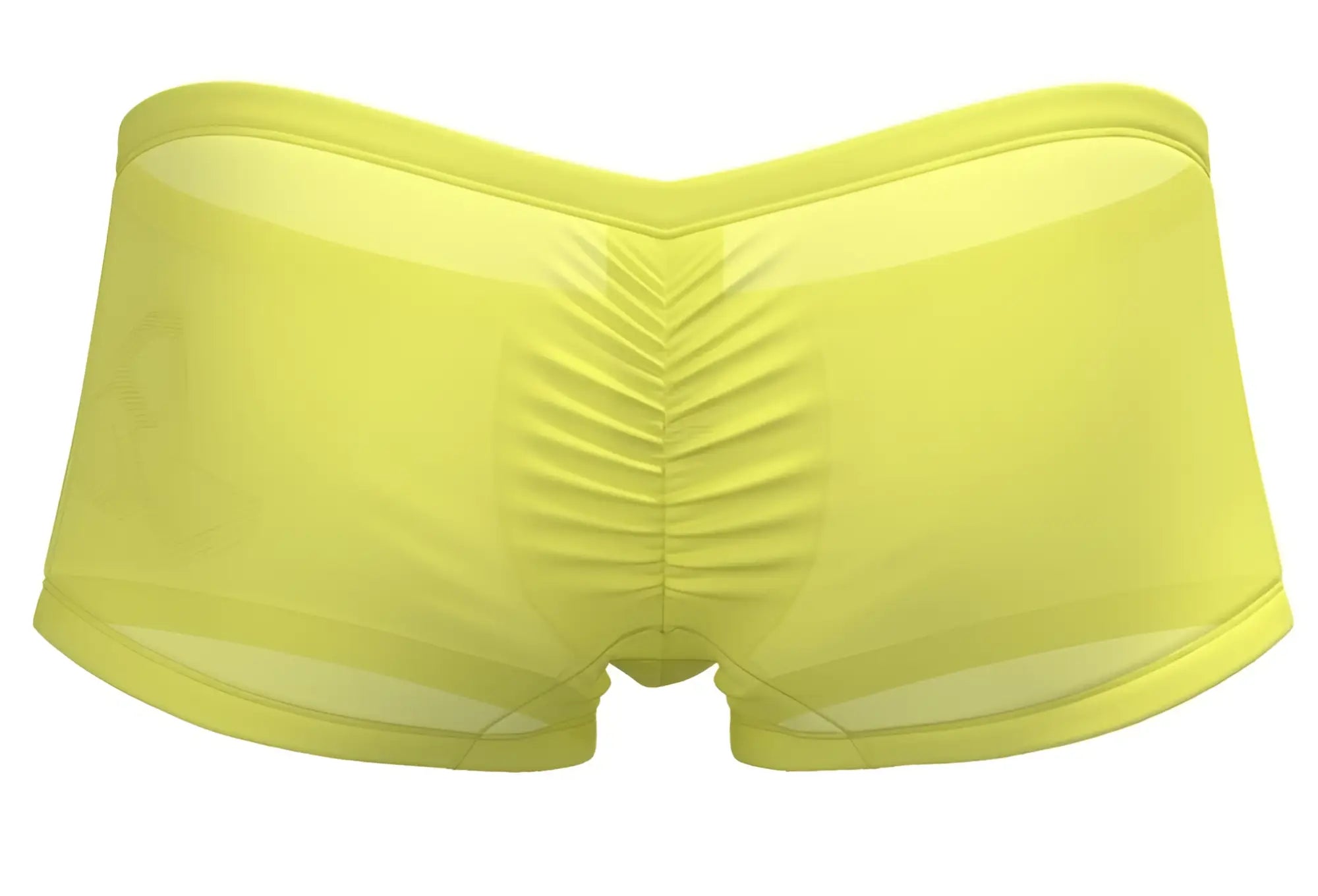 Bright yellow sheer men’s briefs with ruched back design by private structure bare hipster br43890 shown from back side