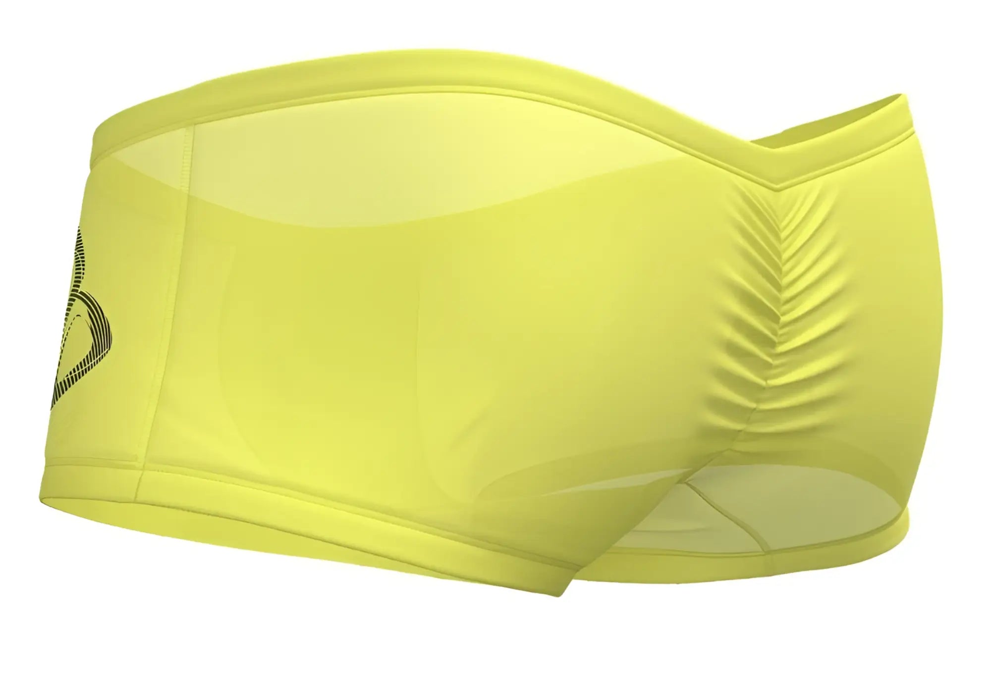 Bright yellow sheer mesh athletic briefs with vertical pleats and black Private Structure logo on left hip