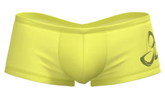 Bright yellow Private Structure BRUT4390 bare hipster swim trunks with a black stylized logo on the side