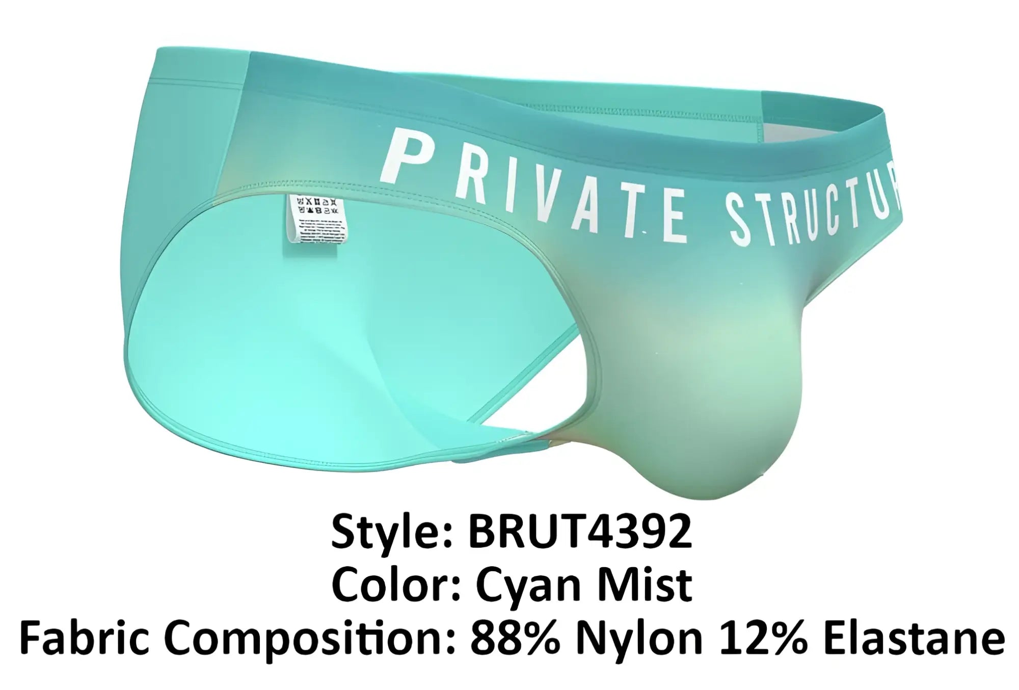 Men’s cyan mist gradient bikini underwear with private structure waistband made of 88% nylon and 12% elastane
