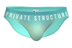 Teal gradient men’s briefs with private structure branding on waistband in cyan mist color bare bikini style