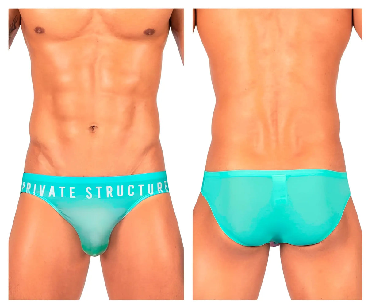 Turquoise sheer mesh briefs with private structure branding on the waistband from private structure brut4392 bare bikini collection