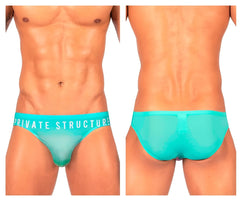 Turquoise sheer mesh briefs with private structure branding on the waistband from private structure brut4392 bare bikini collection