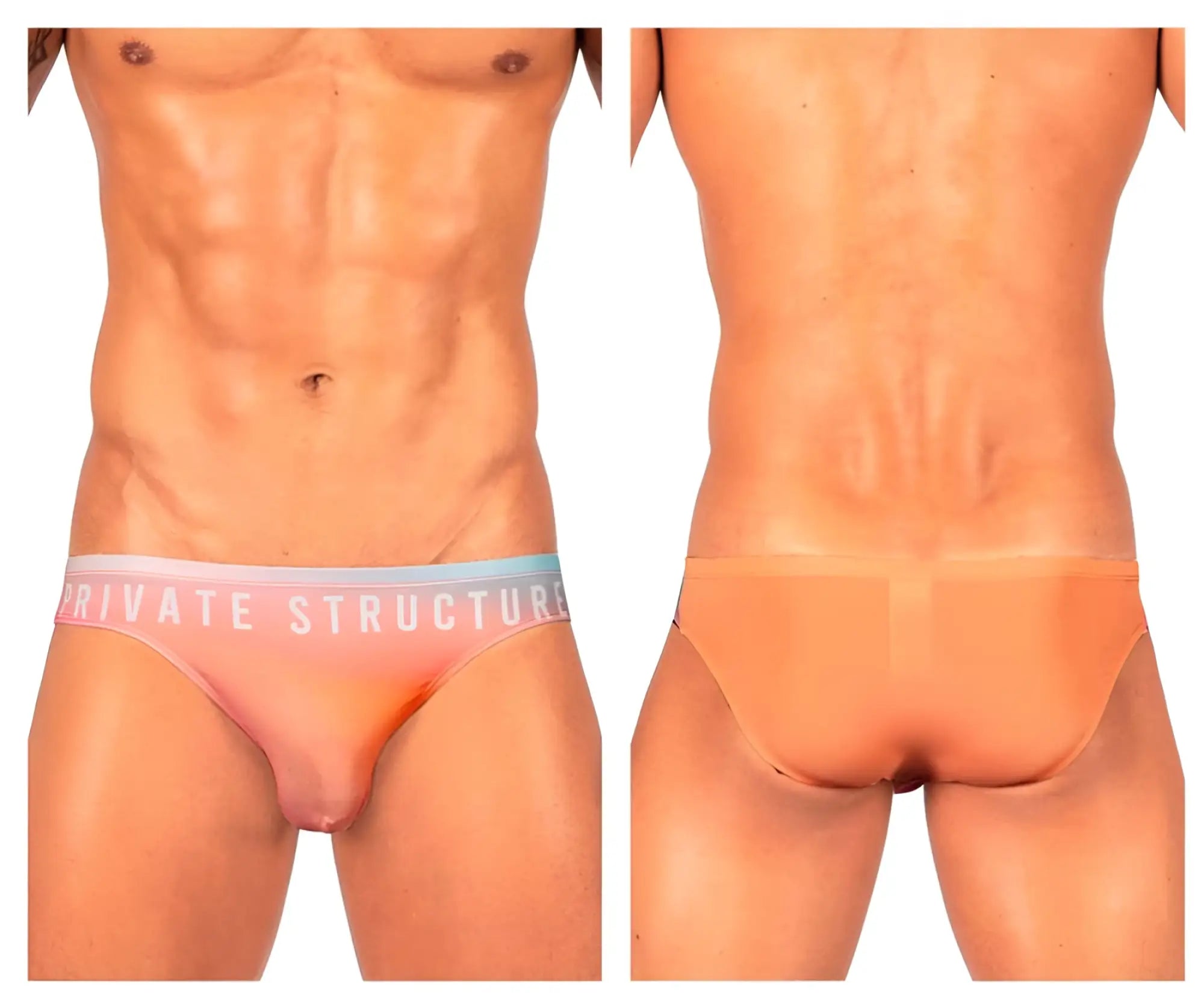 Orange sheer briefs with pink and light blue waistband featuring private structure logo bare bikini color orange