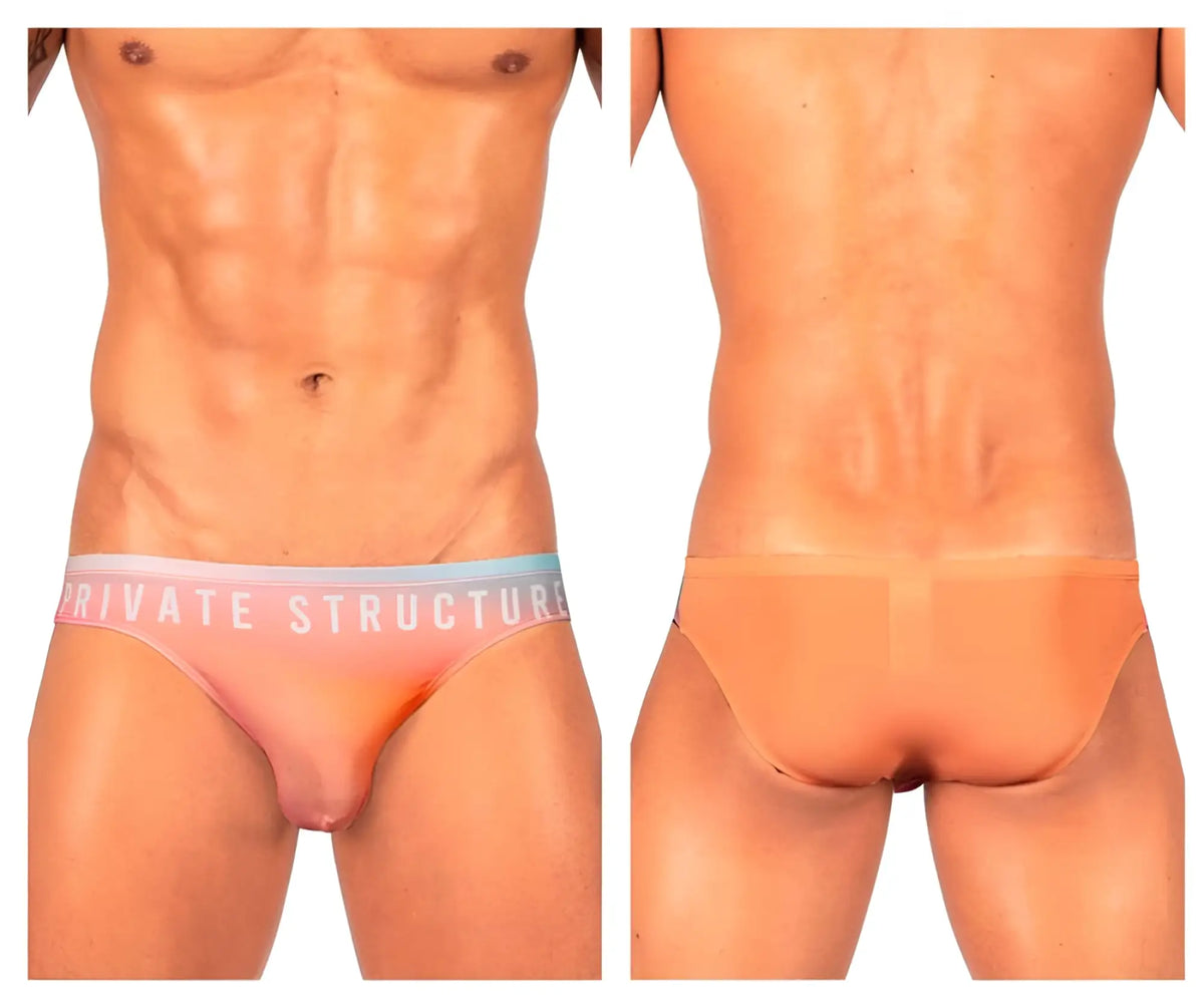 Orange sheer briefs with pink and light blue waistband featuring private structure logo bare bikini color orange