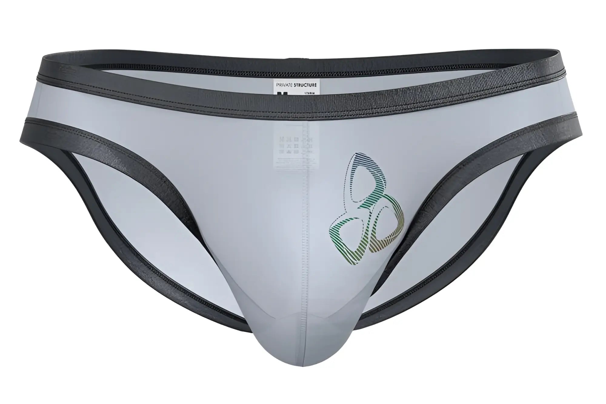 Gray and black mens briefs with subtle green logo front by private structure bare bikini color lilac style