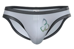 Gray and black mens briefs with subtle green logo front by private structure bare bikini color lilac style