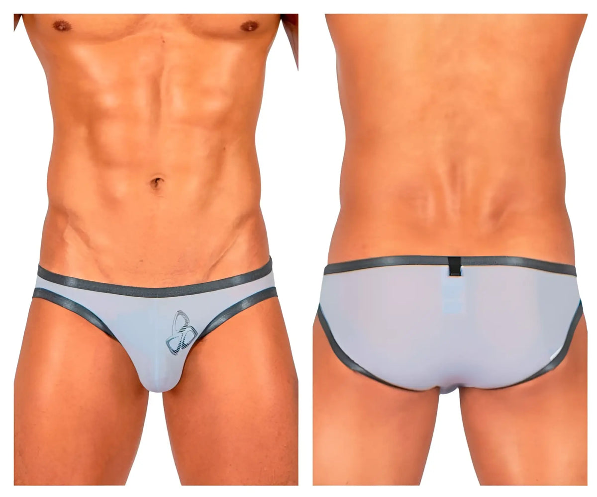 Light gray sheer briefs with dark gray trim and embroidered logo from Private Structure BRUT4393 Bare Bikini lilac