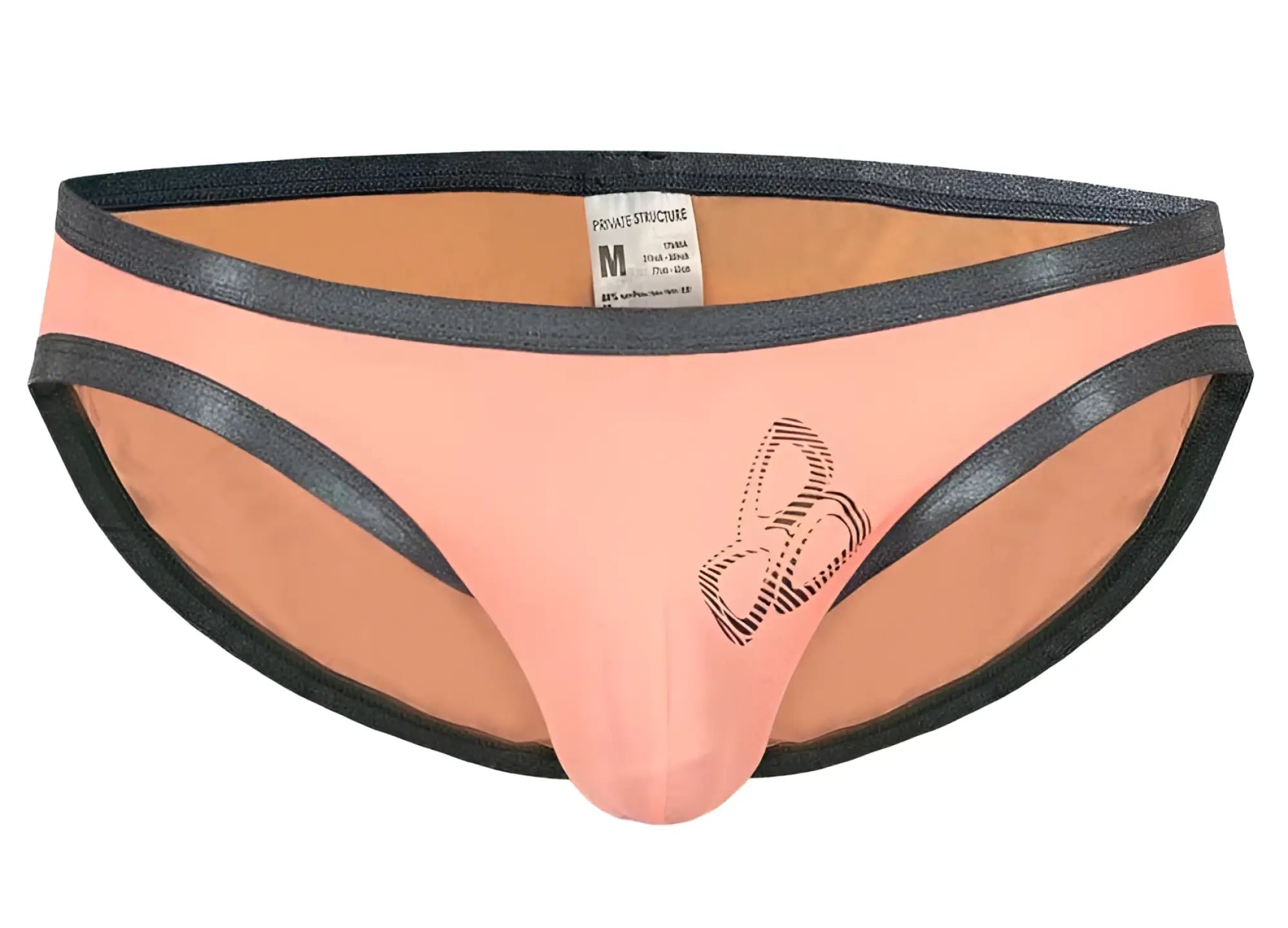 Peach-colored private structure brut4393 bare bikini briefs with black trim and subtle butterfly design on front