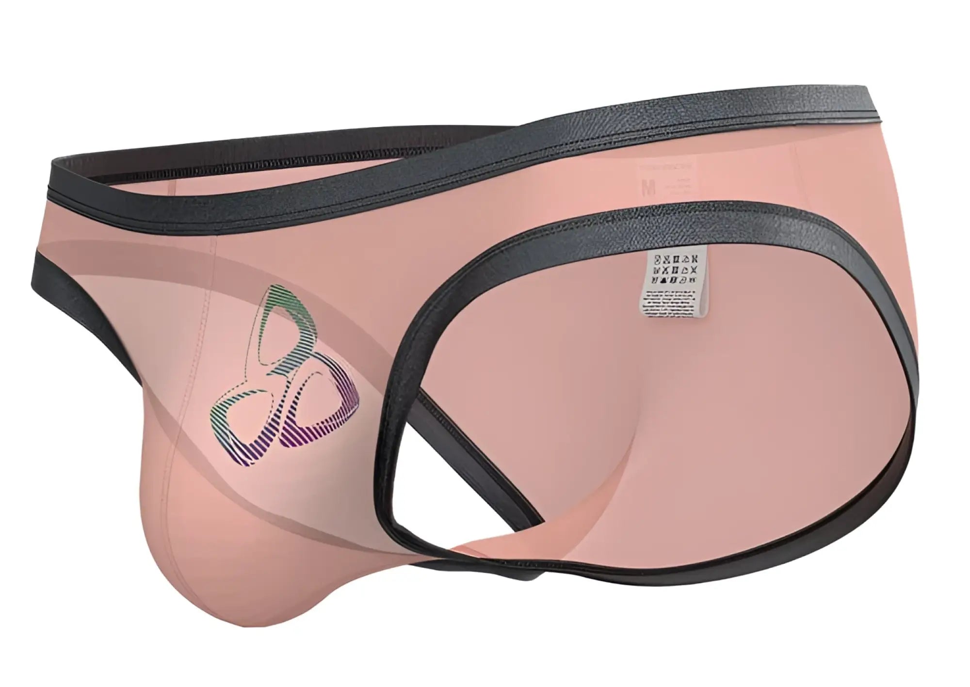 Private Structure BRUT4393 bare bikini in pink athletic briefs with black trim and a colorful abstract logo on the side