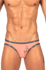 Pink men’s briefs by private structure with dark gray trim and subtle embroidered butterfly in orange color