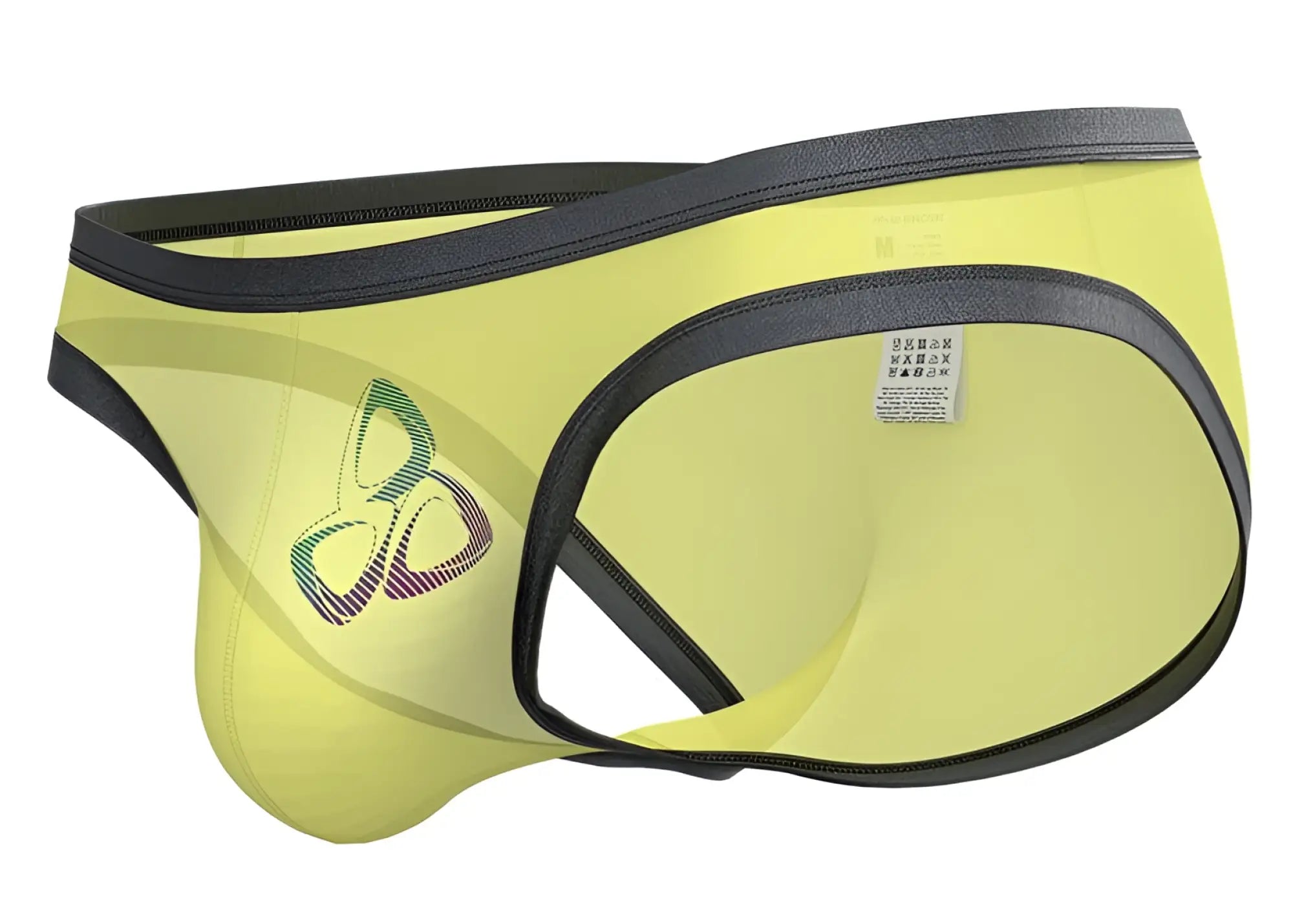 Bright yellow private structure brut4393 men’s briefs with black trim and colorful abstract logo on the side